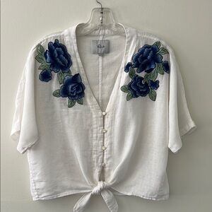 Rails White Tie Front Blouse with Blue floral embroidery
